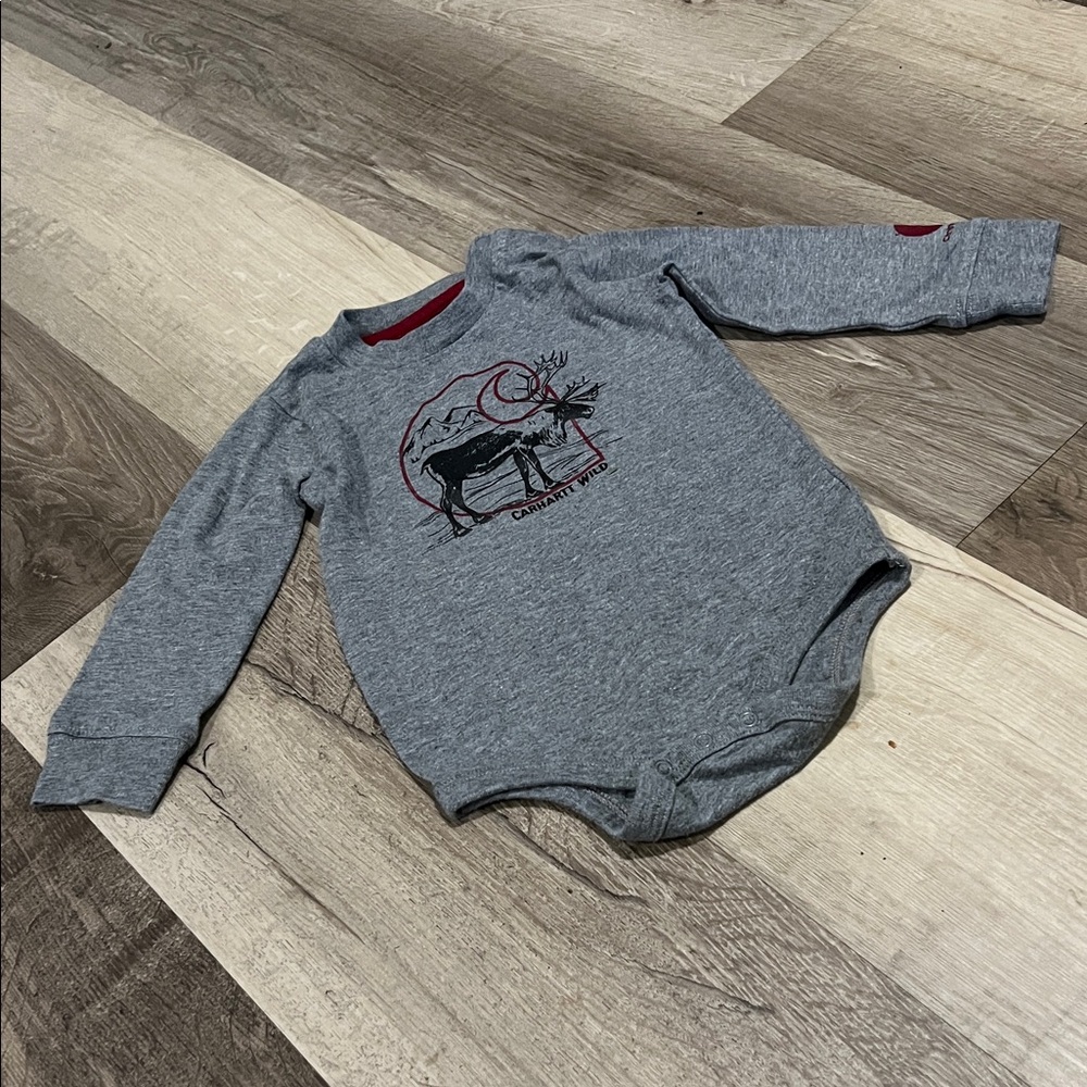 Carhartt Gray Infant Long-Sleeve Bodysuit with Red logo on left sleeve.